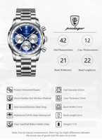 Reloj de Pulsera POEDAGAR 921 de Lujo para Hombre, de Acero Inoxidable, Cuarzo, Resistente al Agua, con Manecillas Luminosas, Cronógrafo y Fecha