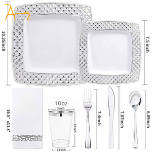 Venta al por Mayor de Fábrica, Juego de Vajilla Desechable de Plástico de 100 Piezas, Vasos Blancos y Plateados, Platos de Plástico <span class=keywords><strong>para</strong></span> Bodas - Product Image 3