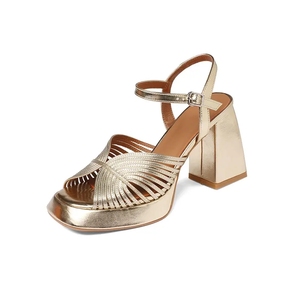 Sandales plateforme pour femmes Xinzirain, grande taille, cuir doré, bout ouvert, talon épais de 9 cm, sandales pour femmes - Product Image 1