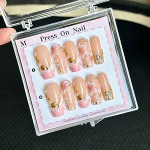 <span class=keywords><strong>Uñas</strong></span> postizas 3D con diseño floral y pedrería, de acrílico, medianas, estilo ataúd cuadrado, de lujo - Product Image 4