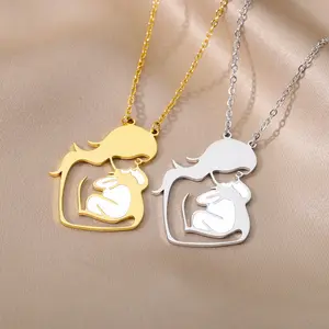 Vintage Baby Mother Mom Pendants Necklace Child Pregnant Heart Stainless Steel Chain Gift for Women Jewelry
