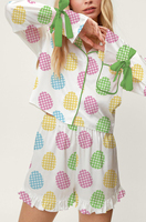 Oeuf de Pâques imprimé personnalisé vêtements de détente en satin à manches longues ensemble de pyjama d'été deux pièces de grande taille short et chemise en soie