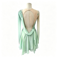 Robe de patinage artistique vert menthe avec strass, dos nu, manches longues, en maille, costume de compétition de patinage sur glace, personnalisé pour filles et femmes