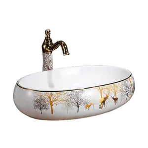 KD-03DBJ High Level Hotel Bathroom Products Ceramic Egg Shape Wash Basin with Tree and Animal Pattern Europe Style Table Sink