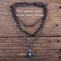 Collier ras du cou punk rond avec pierres disco, chaîne de chapelet en verre cristal noir multiple, pendentif croix à 3 couches