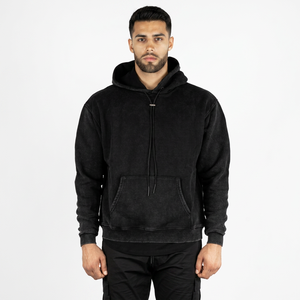Sweat-shirt zippé pour homme, personnalisé, haut de gamme, épais, oversize, vintage, délavé à la pierre et à l'acide, en polaire noire d'hiver, séchage rapide et respirant - Product Image 1