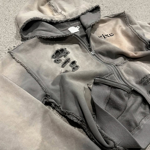 Custom <strong>Manufacturer</strong> Sun Faded Distressed Embroidery Zipper Streetwear Acid Wash Men Zip up Heavyweight Rhinestone <strong>Hoodie</strong> - Product Image 3