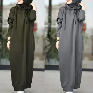 纯色长款套装伊斯兰服装秋冬连帽外套Abaya女性穆斯林连衣裙和女士连帽外套