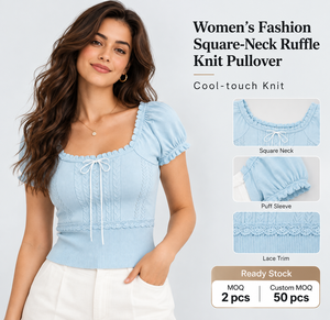 Großhandel OEM ODM Damen Koreanischer Spitzenbesatz Quadratischer Ausschnitt Pullover Süße Rüschen Lochstickerei Alltagstaugliches Vielseitiges Kurzarm-Oberteil - Product Image 2