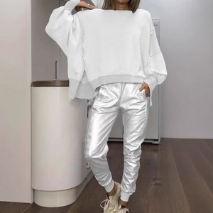 ชุด2ชิ้นกางเกงทรงหลวมลำลองคอกลมผ่าข้างสำหรับผู้หญิง - Product Image 2