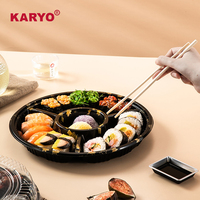 KARYO Weit verbreitete japanische Verpackung Sushi-Tablett Verpackung Gitter Scheibe Kunststoff zum Mitnehmen Schwarzer runder Behälter mit Deckel box