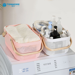 Cesto portaoggetti in plastica nordico con manico in legno, contenitore multifunzionale per bucato e cucina, organizer estetico per il <span class=keywords><strong>bagno</strong></span> - Product Image 3
