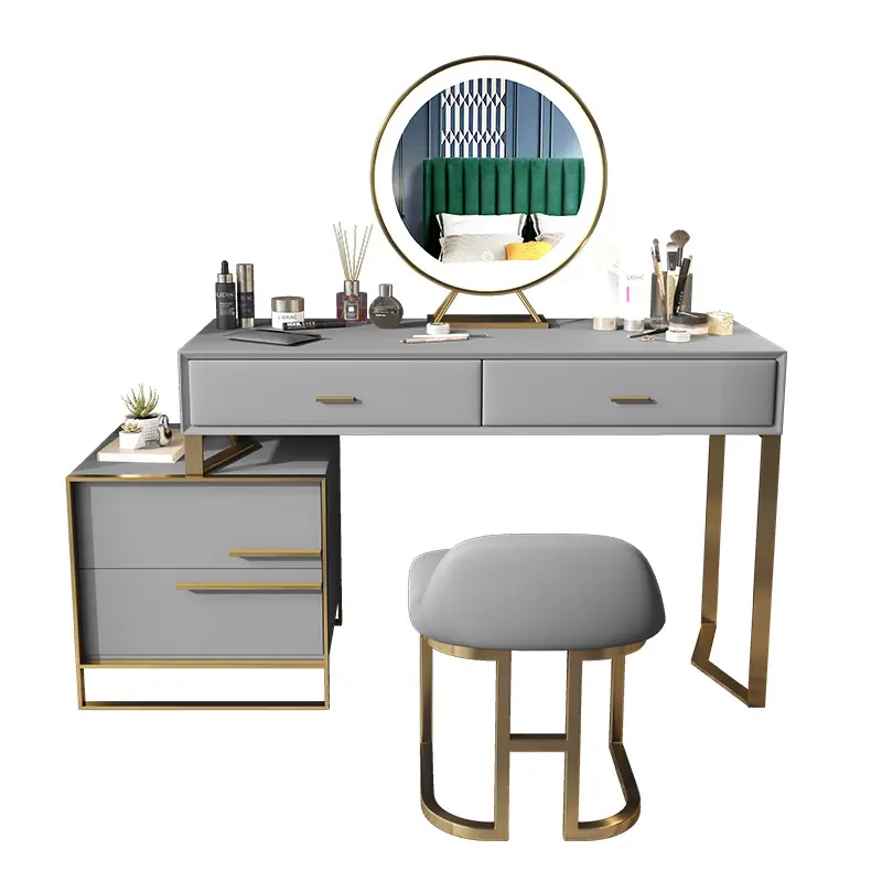 Nordic design light luxury bedroom furniture dressing table set girl makeup table with LED Mirror Cabinet Dresser