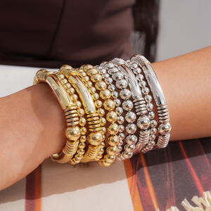 Juego de 5 Pulseras Elásticas con Cuentas Redondas para Mujer, Textura Metálica, Accesorios de Mano Elegantes, Pulseras Apilables a la Moda - Product Image 3