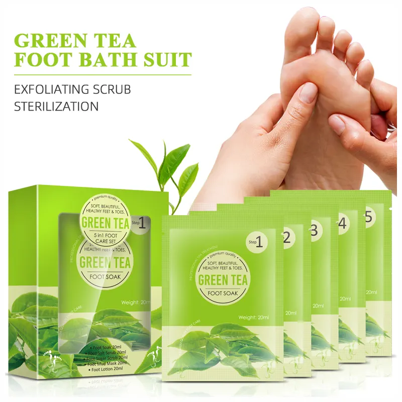 Kit de pedicura de té verde, 5 pasos, spa, cuidado de la piel de los pies, baño de pies, gelatina, exfoliante, sal, barro, crema, loción 5 en 1