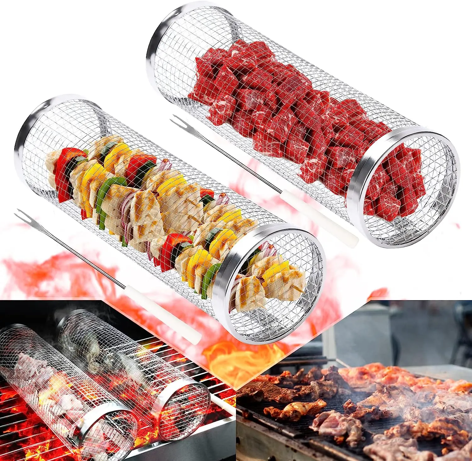 BBQ Grill Zubehör Rolling Grill Basket für Camping Fisch, Garnelen, Fleisch, Gemüse