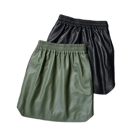 2066 Custom Streetwear Skirts Green Elastic Waist Casual Genuine Leather Mini Skirts for Women