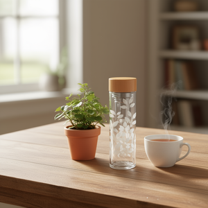 Bouteille en verre avec infuseur à thé, couvercle en bambou et motif feuille, 500 ml, pour boissons chaudes et froides - Product Image 3