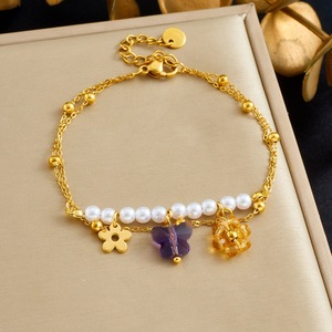 Floral Charm <b>Bracelet</b> For Women Double Layered Pearl Butterfly <b>Flower</b> Jewelry Gift Zinc Alloy B2131 - Product Image 1