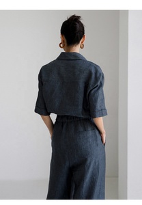 Personnalisé été modeste mode élégant décontracté <span class=keywords><strong>combishort</strong></span> femmes sans manches ceinturé taille barboteuse poches 100% <span class=keywords><strong>lin</strong></span> combinaison - Product Image 2