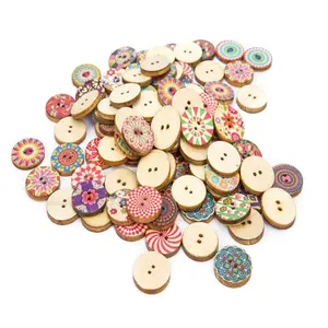 Random Pattern Round 15mm 20mm 25mm 2-Hole Flatback Retro Vintage Wood Buttons for DIY Sewing Craft