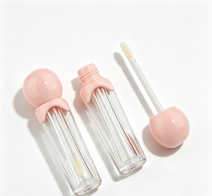 Tube de brillant à lèvres transparent à rayures verticales avec capuchon boule rose mignon, vide, 3 ml, pour huile à lèvres - Product Image 2