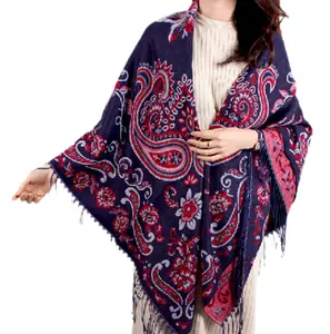 Retro Jacquard Pashmina Scarves 450 g Chunky Warm Shawls 140 CM Square Oversize Poncho With Tassel Manufacture Wholesale