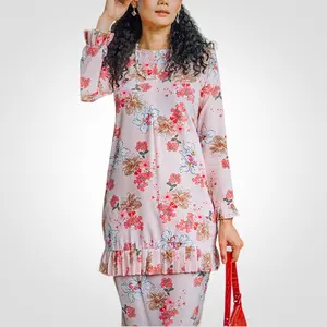 Sipo EID Hot Bán Malaysia hồi giáo phụ nữ Polyester Vải Xếp Li Top Với điều dưỡng Zip Set hiện đại baju kurung