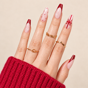 Faux ongles longs forme cercueil bordeaux style presse française, motif flocon de neige blanc et pois rouges, style Noël, OEM ODM pour filles - Product Image 4