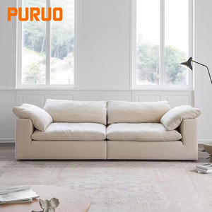 Sofá Seccional em Formato Sofaloud, Estilo Creme Francês, com Tecido de Linho Comprimido a Vácuo, Linhas Retas Chinesas para Sala de Estar - Product Image 1