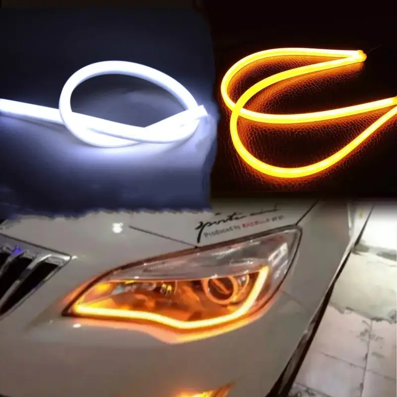 Intermitente Flexible DRL para coche, tira de luces LED diurnas de 60cm, color blanco y ámbar, dos colores