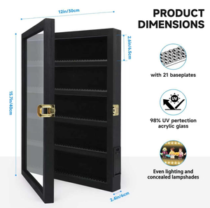 Vitrine noire en bois pour figurines miniatures avec éclairage LED, étagères, pieds intégrés, alimentation par piles, fixation murale - Product Image 3