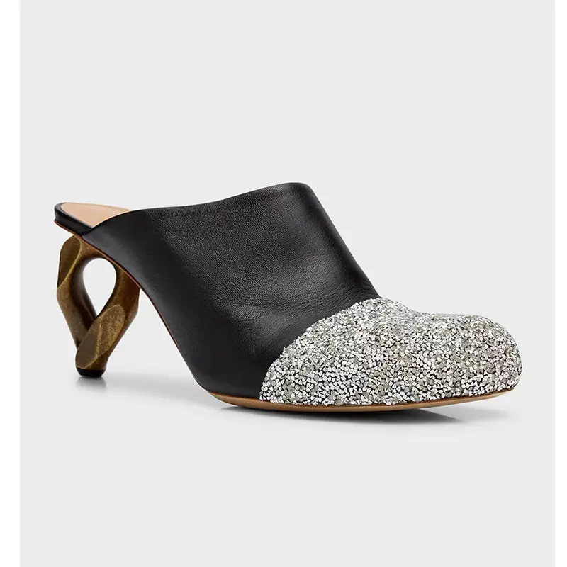 Medias pantuflas de Punta cerrada personalizadas para mujer, zapatos de tacón alto con diamantes de punta redonda de cuero de gran tamaño para mujer