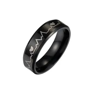 Eenvoudige 6Mm Hart Vorm Gladde Dikke Titanium Staal Zwarte Ring Elektrocardiogram Hartslag Ringen Voor Mannen Rock Ring Sieraden