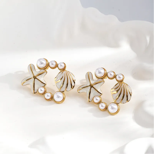 Boucles d'oreilles élégantes de style océanique en acier inoxydable 304 plaqué or avec perles acryliques en forme d'étoile de mer et de coquillage, bijoux fantaisie - Product Image 3