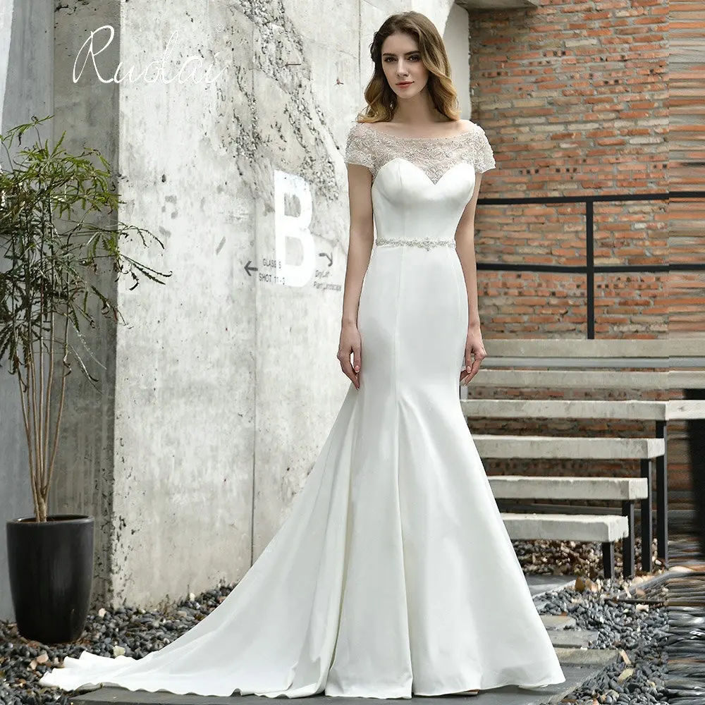 ASA50381 Lace Scoop Neckline Short Sleeves Bridal Dress with Shining Beading Sash Mermaid Wedding Dresses for Bride