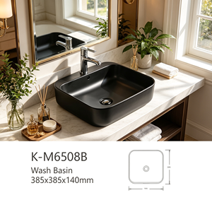 Lavabo ovale en céramique noir mat pour salles de bain d'hôtels commerciaux, position de robinet intégrée - Product Image 5