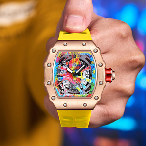 Pour la <span class=keywords><strong>marque</strong></span> <span class=keywords><strong>suisse</strong></span> <span class=keywords><strong>montre</strong></span> de sport mécanique pour hommes boîtier en alliage étanche cadran en verre fenêtre 20mm bande de Silicone créneau de baril de vin - Product Image 2