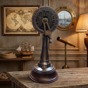 Télégraphe marin antique en laiton avec commande d'engin de télégraphe, décoration nautique, objet de décoration de table, accessoire maritime vintage, base en bois - Product Image 1