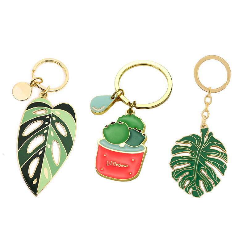 Custom tropical themed succulent cactus key chain keyring metal enamel monstera leaf plant keychain