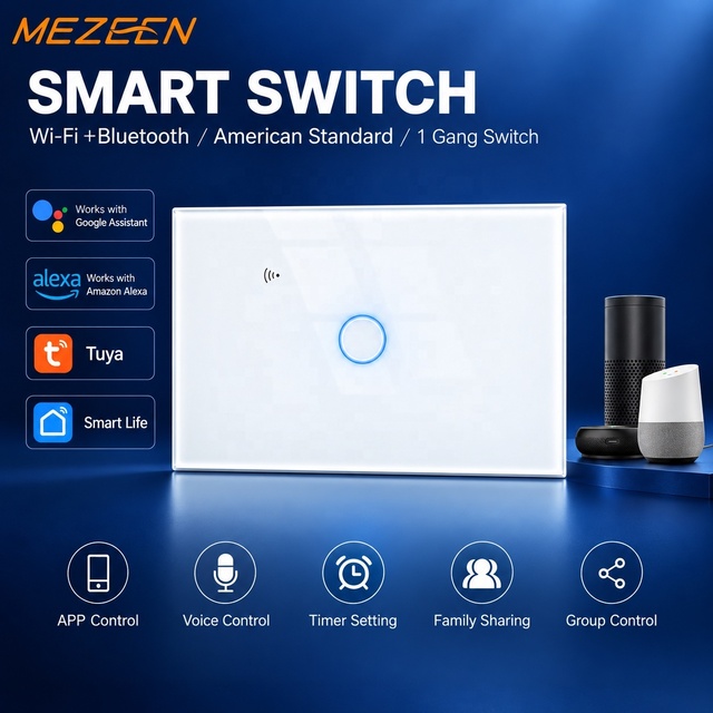 Tuya/ Smart Life Wall Switch App Wifi Led Light Touch Switch Glass Panel  Electrical Remote Wireless 1 Gang Smart Wifi Switch