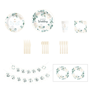Juego de vajilla desechable para fiestas DAMAI, platos de papel con diseño floral de hojas verdes para suministros de boda, para 8 personas. - Product Image 5