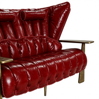 Fauteuil Vintage de Luxe en Cuir Véritable Rouge avec Pieds en Fer et Bois Massif pour Hôtel, Maison, Bureau, Salon, Villa – Canapé d'Angle Capitonnée