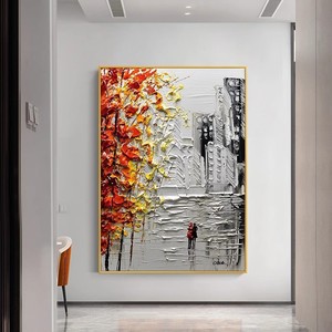 Peinture à l'huile abstraite peinte à la main, paysage urbain, cadre métallique 3D, murale rectangulaire pour décoration de salon ou d'entrée - Product Image 4