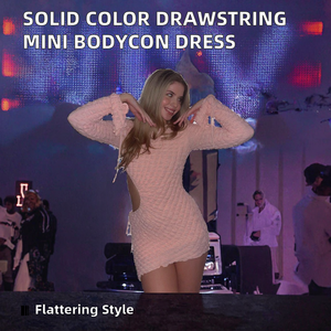Trendy Solid Color O Neck Drawstring Long <b>Sleeve</b> Sexy Mini Empire Waist Autumn Nylon Breathable <b>Pencil</b> Popcorn <b>Dress</b> - Product Image 2