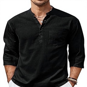 <b>Men's</b> Black <b>Henley</b> <b>Shirt</b> Solid Color Button Down Casual Style Woven Fabric Long Sleeve Top - Product Image 1