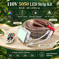 Kit de Bande LED RVB 5050 110V IP65 en PVC, 60 LED/m avec Télécommande, Raccords Moulés et Fonction Dimmable pour l'Éclairage de Divertissement