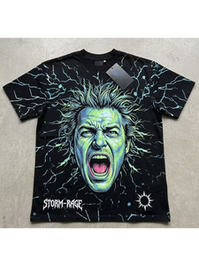 <span class=keywords><strong>T</strong></span>-<span class=keywords><strong>Shirt</strong></span> Oversize Hip Hop in Puro <span class=keywords><strong>Cotone</strong></span> con Stampa Multicolore di Fiamme e Stelle, Effetto Vissuto, Unisex per Uso Quotidiano - Product Image 3