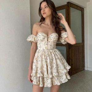 Mini vestido con estampado floral para mujer, vestido corto con hombros descubiertos para mujer, vestido informal de verano para fiesta, vestidos elegantes a la moda para mujer - Product Image 1
