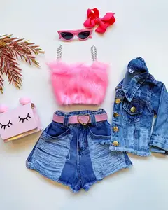 2023 New fashion 2Pcs girls clothing set sleeveless solid fur vest crop top +denim jeans shorts skirt Clothes Sets